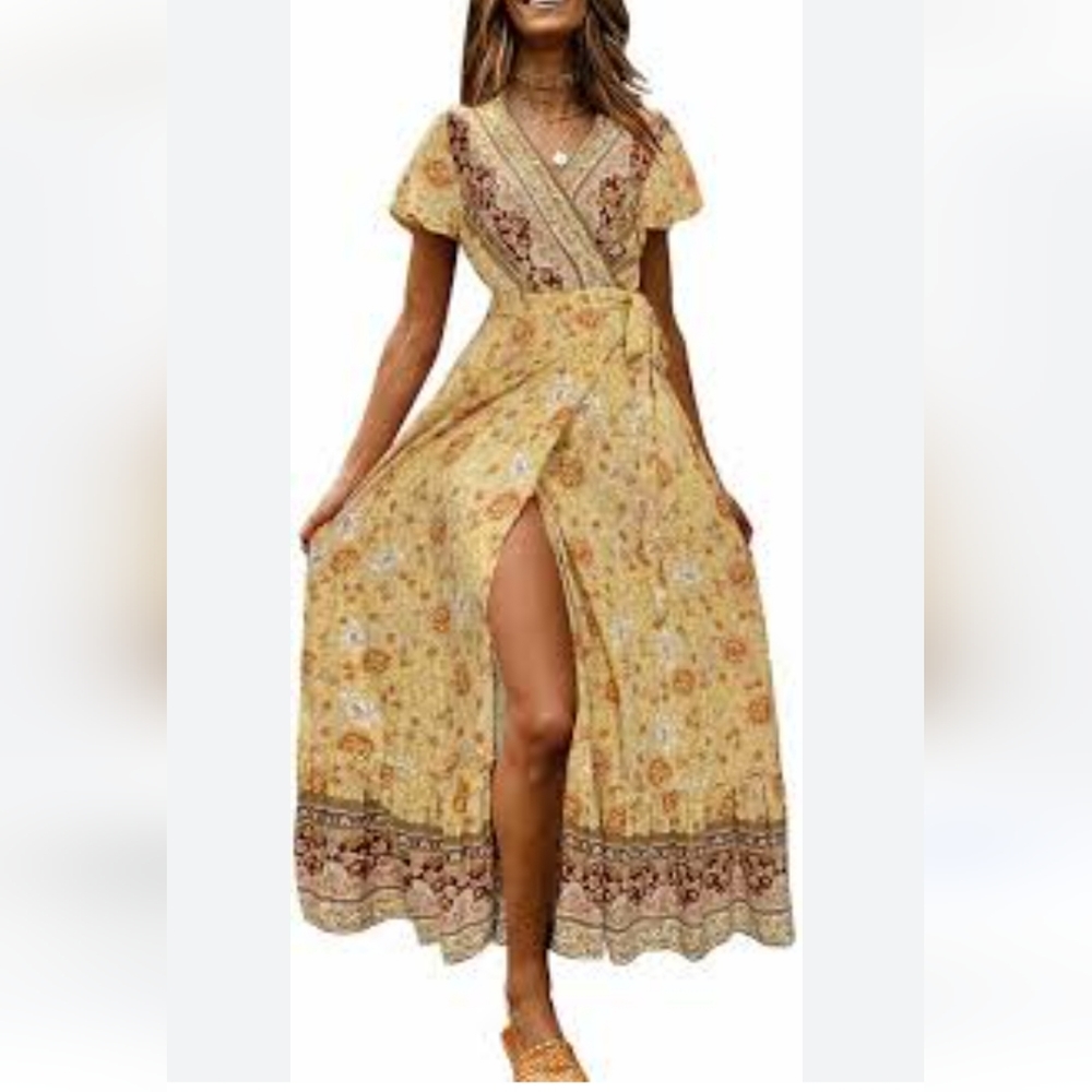Zesica Bohemian Floral printed V Neck wrap dress